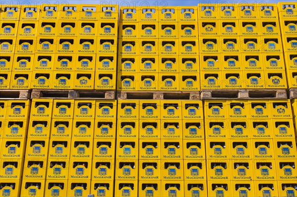 Stack with beer crates of the Schlossbrauerei Maxlrain near Tuntenhausen