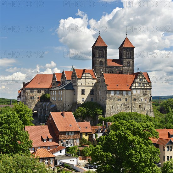 Schlossberg with abbey church of St. Servatius and castle above historic centre