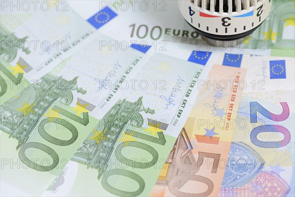 Various Euro bills and radiator thermostat