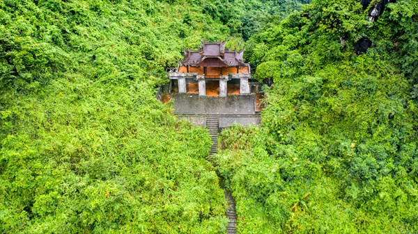 Temple ruin in green jungle above the river