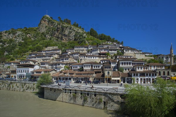 View over the river Osum to historical houses in the district Mangalem