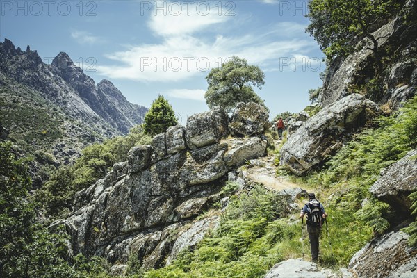 Hikers in rocky landscape