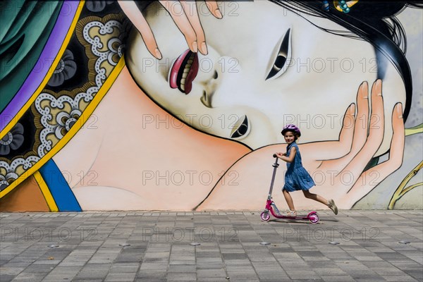 A colorful graffity with japanese motive is painted at a house wall