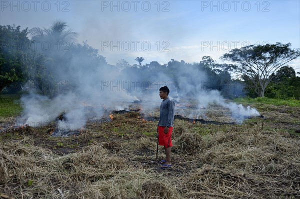 Young man burns grass and bushes in the village