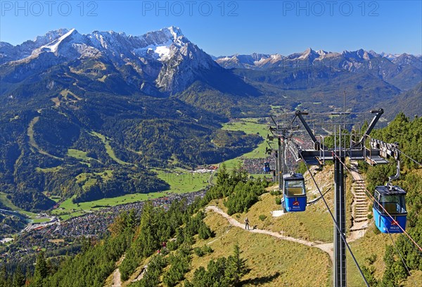 Wank cable car with view of the Wetterstein range with Alpspitze 2628m and Zugspitze 2962m