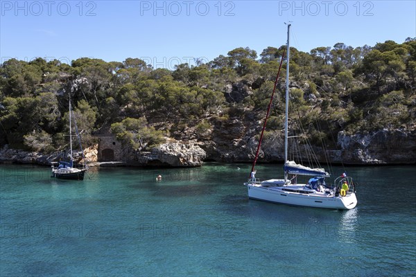 Sailboats anchor in the bay of Cala Figuera