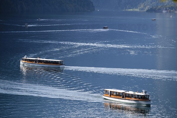 Excursion ships in front of Echowand on Lake Konigssee