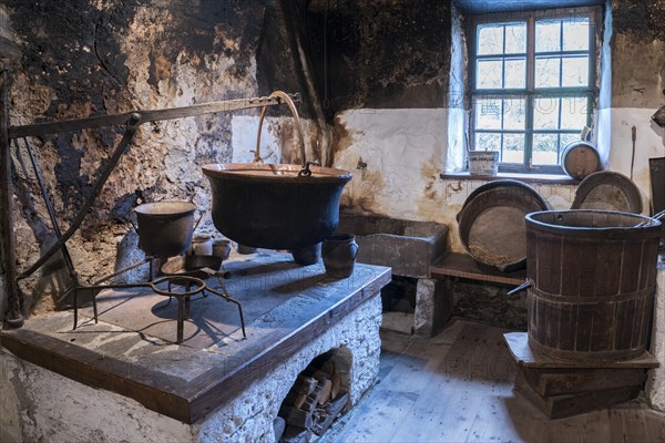 Original old woodstove or Rauchkuchl in a farm