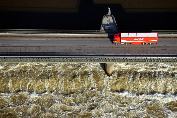 Coca Cola truck drives over Elbe weir near Geesthacht