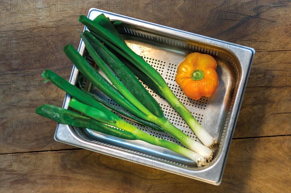 Spring onions and peppers in a colander