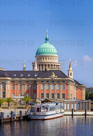 excursion boat in front of Parliament Potsdam and St. Nicholas Church