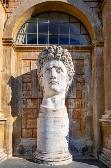 A big marble head statue of Julius Caesar in the Vatican Museum garden