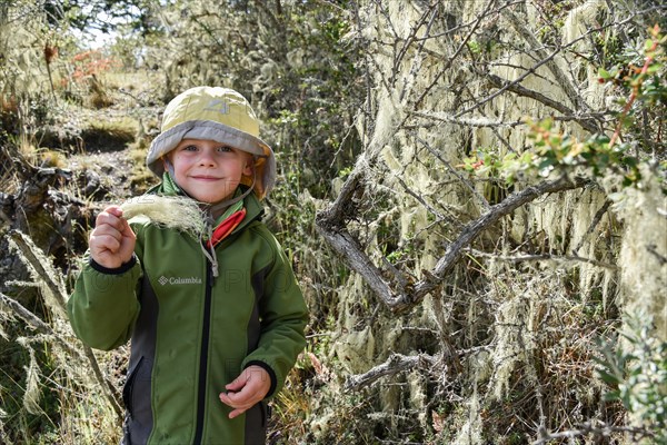 Small boy with tree lichen in his hand