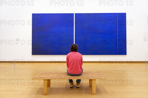 Visitor looks at modern painting