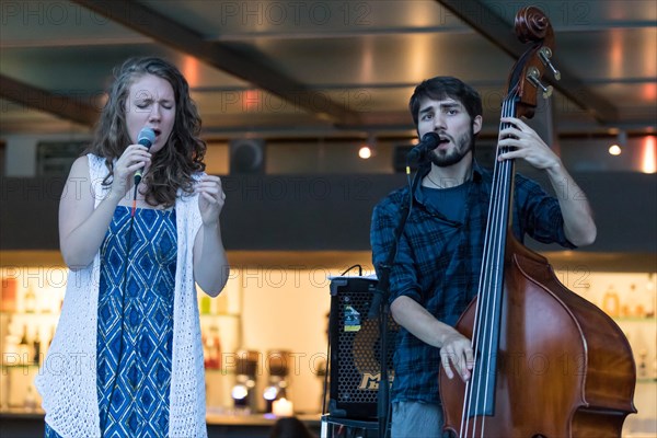 The Swiss musician duo Avender with singer Despina Corazza and the double bass Jonas Kunzli live at the 25th Blue Balls Festival in Lucerne