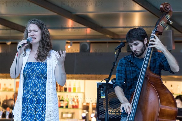 The Swiss musician duo Avender with singer Despina Corazza and the double bass Jonas Kunzli live at the 25th Blue Balls Festival in Lucerne