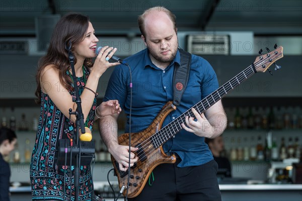 The Swiss musician duo Belle and Bass with singer Kira Stahel and bassist Stefan Guggisberg live at the 25th Blue Balls Festival in Lucerne