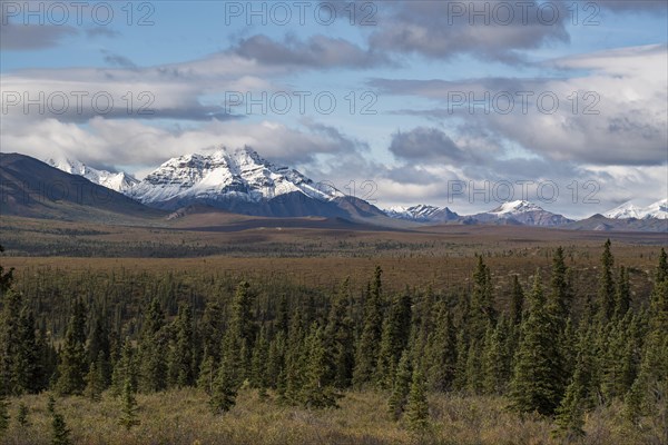 Snow covered mountains of the Alaska Range with tundral landscape