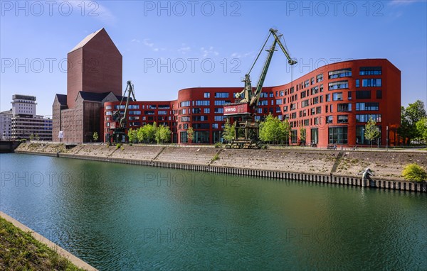 Duisburg inner harbour with the wave-shaped new building of the North Rhine-Westphalia State Archive