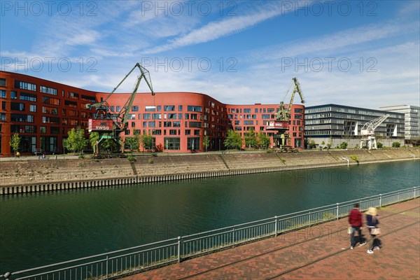 Inner harbour Duisburg with the wave-shaped building of the Landesarchiv NRW