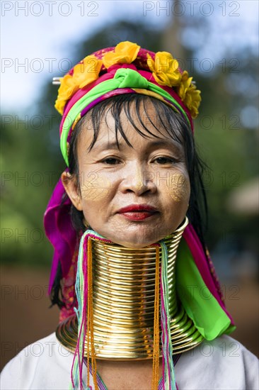 Padaung long-necked woman with brass neck rings