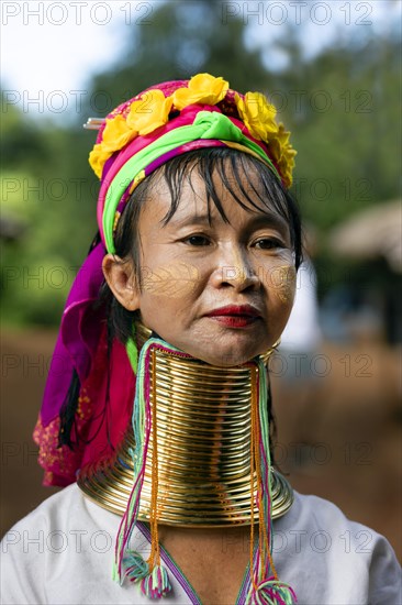 Padaung long-necked woman with brass neck rings