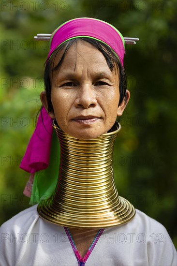 Padaung long-necked woman with brass neck rings