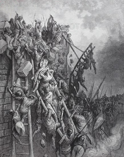 The Crusaders attack with scaling ladders to the walls of Wieselburg and are repulsed with heavy losses