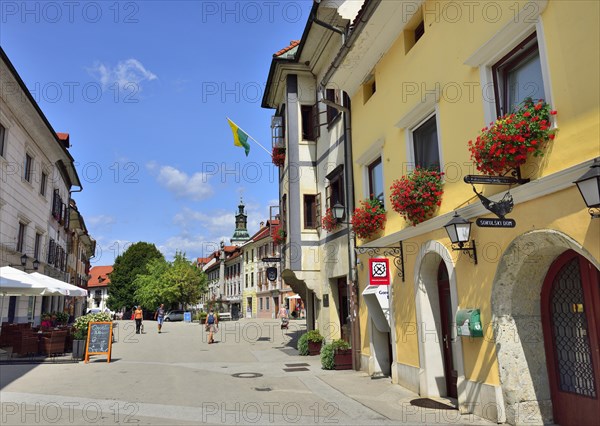 House facades Market square Mestni Trg with tower St. James' Church