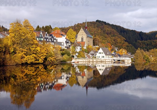 lake Beyenburger and historical center of Beyenburg with the St. Mary Magdalene Church in Wuppertal