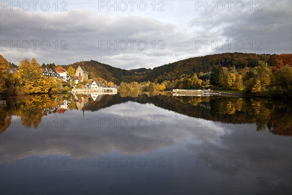 lake Beyenburger and historical center of Beyenburg with the St. Mary Magdalene Church in Wuppertal