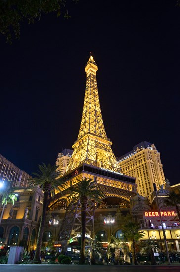 Illuminated Paris Las Vegas Hotel and Casino at night