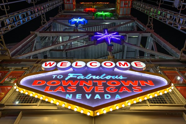 Bright Welcome to Fabulous Downtown Las Vegas Nevada sign at Fremont Street Experience in old Las Vegas