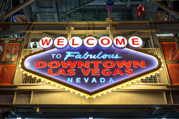Bright Welcome to Fabulous Downtown Las Vegas Nevada sign at Fremont Street Experience in old Las Vegas