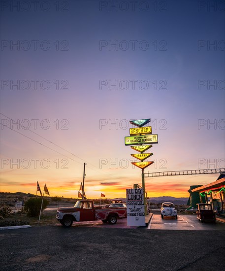 Historic rest stop and gas station with vintage cars