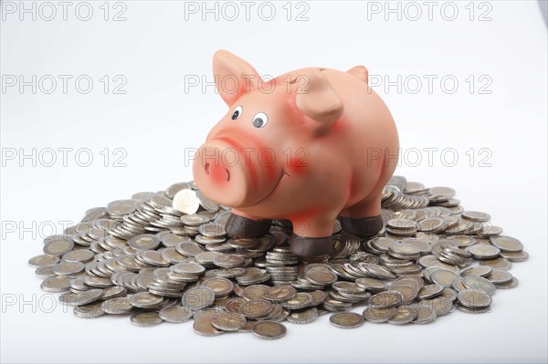 Piggy bank on a pile of euro coins