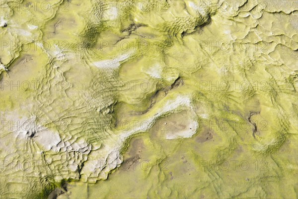 Water flowing over rocks with sulfur deposits