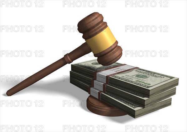 Gavel on bundle of dollar bills