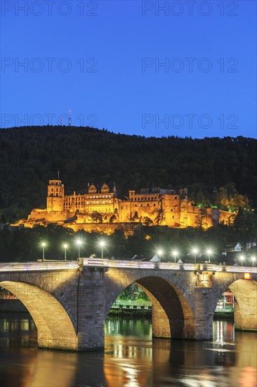 Heidelberg Castle with Karl Theodor Bridge at dusk