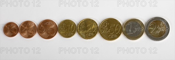 Euro and Cent coins in a row
