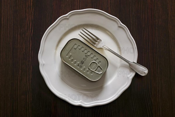 Sardines in closed tin on white plate with fork