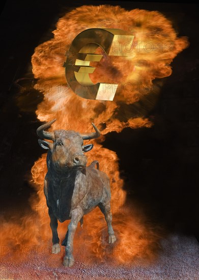Bull with euro sign in firestorm
