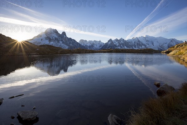 Sunrise at Lac des Chesery with Mont Blanc massif behind
