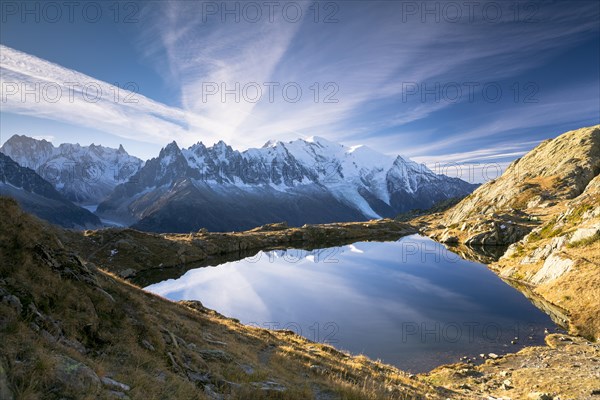 Lac des Chesery with Mont Blanc massif behind