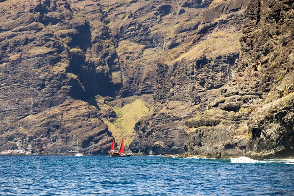 Sailing ship with red sails in front of the cliffs at Los Gigantes