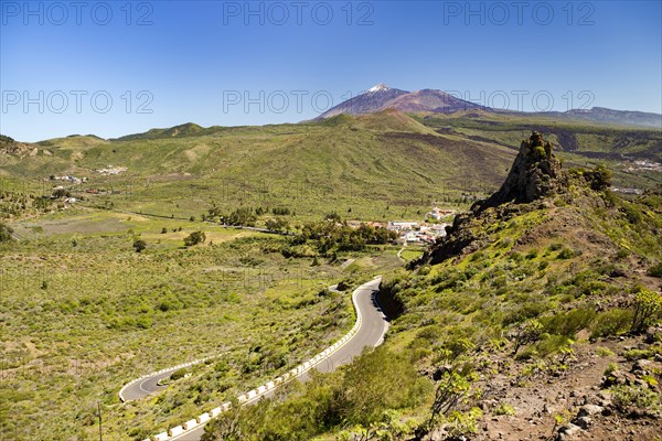 View over Santiago del Teide to Mount Teide as seen from Degollada de Cherfe