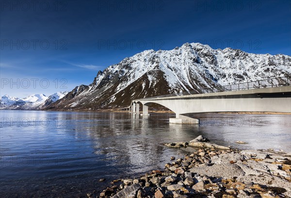 Gimsoystraumen bridge at night with a starry sky