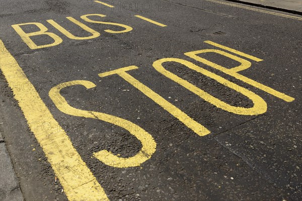 Lettering on road at bus stop