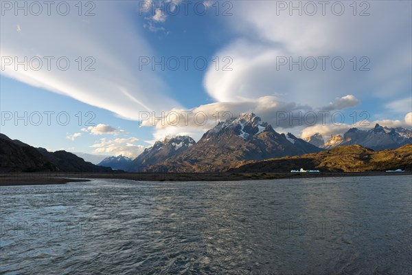 Cuernos del Paine and Lago Grey in evening light