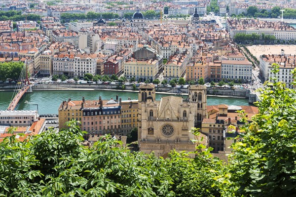View over the Lyon Cathedral and the city from Fourviere Hill